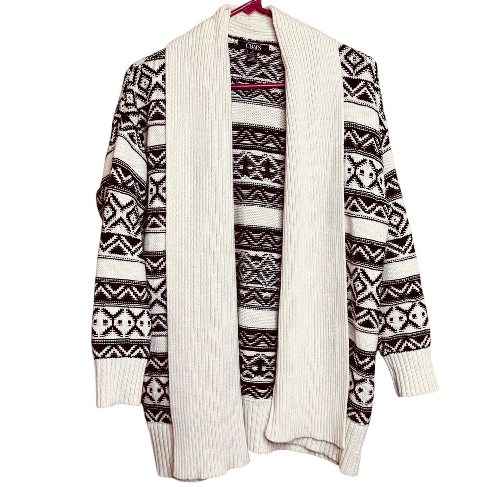 Cardigan Women Open Front Sweater Knit Blue Cream Aztek Southwest Chaps